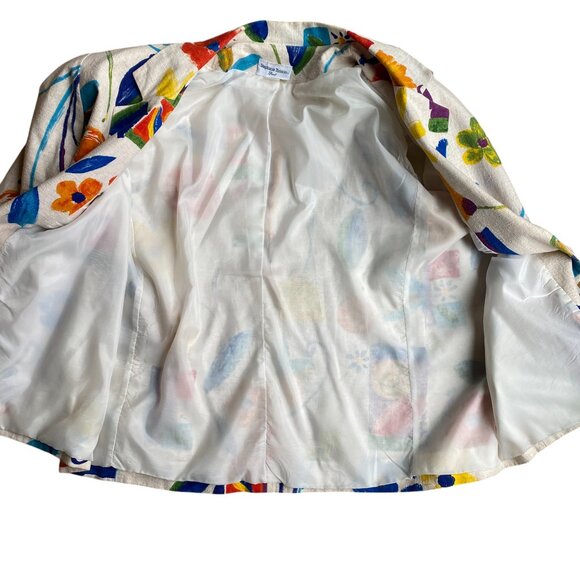 Vintage Stephanie Thomas Rainbow Floral Blazer Cotton Flax Maximalist Resort-22 - Picture 12 of 15